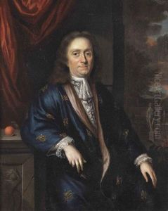 Portrait Of Bernard De Moor, Three-quarter-length, In A Blue Silk, Fur Lined Japonse Rok, Leaning Against A Marble Parapet In A Park Landscape