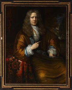 Portrait Of A Gentleman Wearing A Gold Cloak With Blue Trim, Seated Before A Landscape
