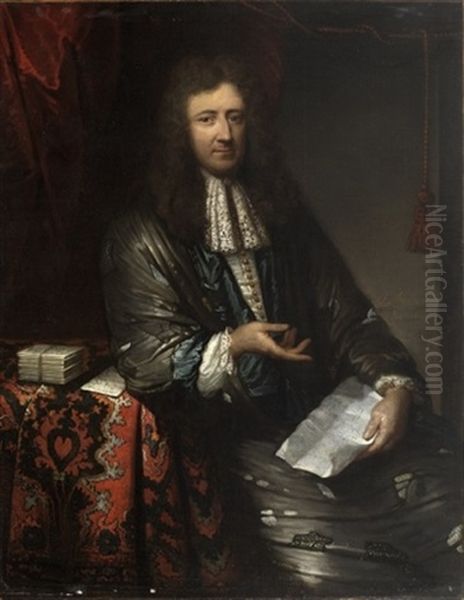 Portraet Af En Siddende Herre Med Brunlokket Har Samt I Brokade Hjemmekabe Hvorunder Hvid Silkevest Med Guldknapper, I Handen Holdende Brev - view 1