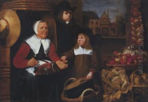 A Market Scene With Two Boys By A Vegetable Seller Making Lace, The St. Jorispoort In Dordrecht Beyond by Jan Vollevens the Elder