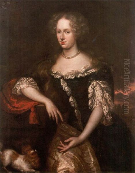 Portrait Of A Lady Wearing A Blue Dress Trimmed With Lace, Leaning On A Red Cushion On A Stone Plinth Beside A King Charles Spaniel - view 1