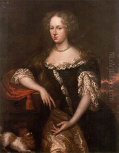 Portrait Of A Lady Wearing A Blue Dress Trimmed With Lace, Leaning On A Red Cushion On A Stone Plinth Beside A King Charles Spaniel