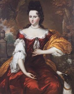 Portrait Of A Lady In A Red Dress, A White Chemise And A Gold Wrap, Seated With Her Greyhound Before A Garden Landscape