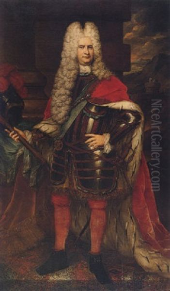 Portrait Of A Gentleman Wearing The Order Of The Thistle, In Armour And A Red Velvet Ermine Lined Cloak, Holding A Marshall's Baton - view 1