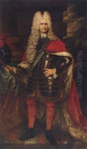 Portrait Of A Gentleman Wearing The Order Of The Thistle, In Armour And A Red Velvet Ermine Lined Cloak, Holding A Marshall's Baton