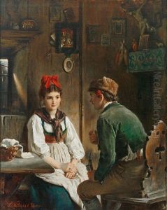 In Einer Schwarzwalder Bauernstube Sitzt Sich Ein Junges Paar Gegenuber by Ludwig Vollmar
