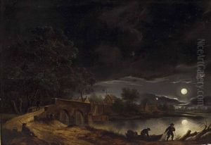 Vollmond Uber Dorf Am Fluss Mit Brucke Und Personenstaffage