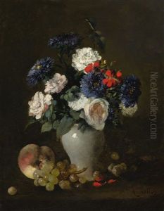 Flowers In A Vase With Grapes And A Peach On A Table by Antoine Vollon