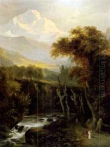 Gebirgslandschaft Mit Figuren Am Flusschen
