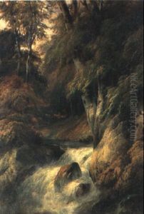 Gebirgswald Mit Wasserfall Und Rehen