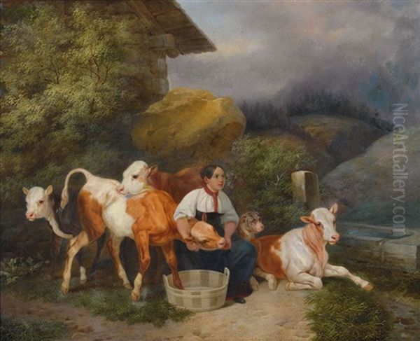 Berglandschaft Mit Bauerin Und Ihren Kuhen - view 1
