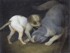 Spielende Katze Mit Einem Welpen by Joseph Simon Volmar
