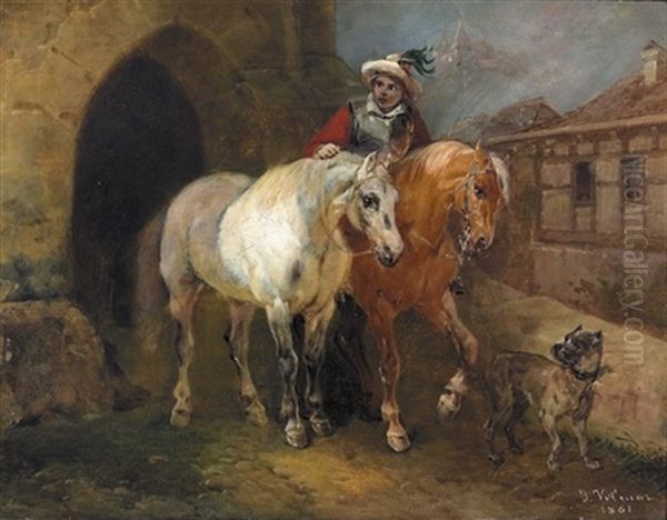 Reiter Mit Zwei Pferden Und Hund - view 1