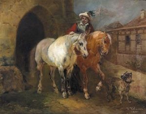 Reiter Mit Zwei Pferden Und Hund Reiter Mit Zwei Pferden Und Hund