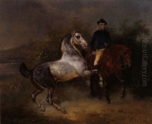 Ausritt Mit Zwei Pferden Und Hund by Joseph Simon Volmar