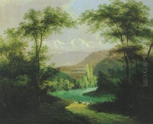 Bewaldete Schweizer Landschaft, Im Hintergrund Gletscher Mit Hirtin Und Einer Ziegenherde by Rudolf Volmar