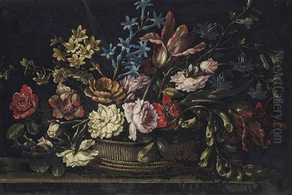 Parrot Tulips, Roses, Morning Glories And Other Flowers In A Basket - view 1