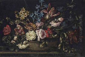 Parrot Tulips, Roses, Morning Glories And Other Flowers In A Basket by Francesco Volo