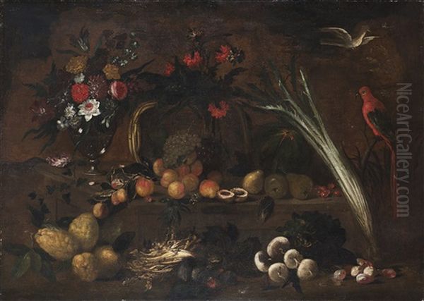 Maestro Della Meta Del Secolo Xvii "natura Morta Con Fiori, Frutti, Ortaggi Con Pappagallo E Colomba In Volo" Olio Su Tela (cm 128,5x178)(difetti) - view 1
