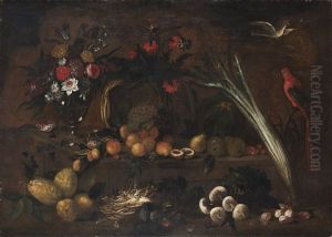 Maestro Della Meta Del Secolo Xvii "natura Morta Con Fiori, Frutti, Ortaggi Con Pappagallo E Colomba In Volo" Olio Su Tela (cm 128,5x178)(difetti)