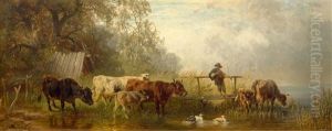 Hirtenbub Am Steg Mit Kuhen Und Enten Im Wasser by Johann Friedrich Voltz