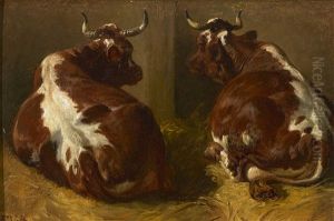 Zwei Liegende Kuhe Im Stall by Johann Friedrich Voltz