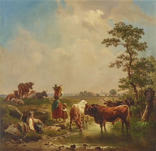 Shepherd Family With Cattle At The Stream - view 1