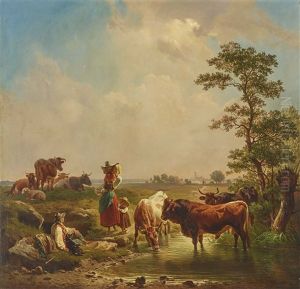 Shepherd Family With Cattle At The Stream by Johann Friedrich Voltz