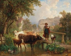 A Farmgirl And Cattle By A Cool Creek