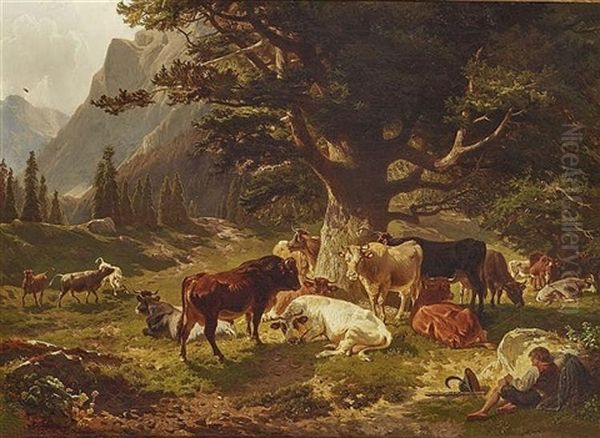 Resting Shepherd With Herd Of Cows - view 1