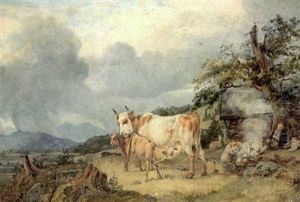 Kuh Mit Ihren Kalbchen Vor Einer Berglandschaft