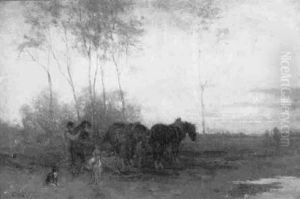 Bauer Mit Pferden Auf Dem Abgepflugten Feld