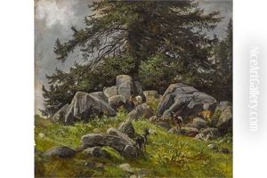 Ziegen In Felsiger Landschaft by Ludwig Gustav Voltz