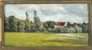 Landschaft Mit Flusslauf Und Blick Auf Ein Dorf by Richard Voltz