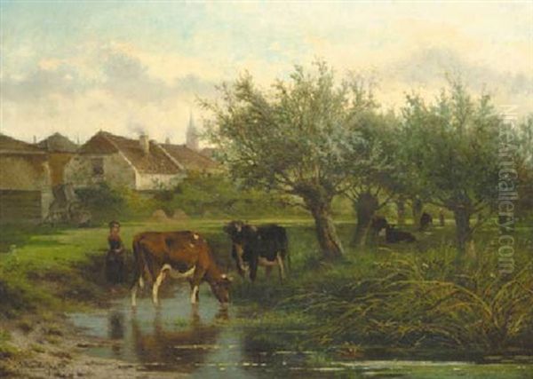 A Cowherdess Watering Cows By Willow Trees - view 1
