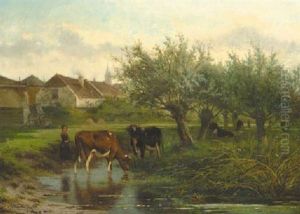 A Cowherdess Watering Cows By Willow Trees