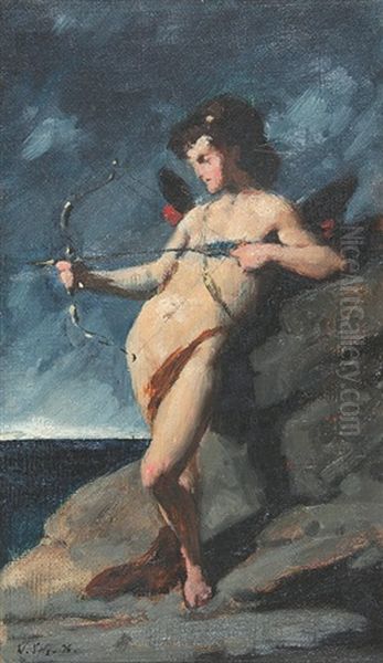 Amor Mit Pfeil Und Bogen An Einen Felsen Gelehnt - view 1
