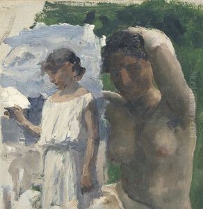 Kinderakt Mit Rotem Tuch - Halbfigur Eines Knaben - Madchen In Weiser Toga Und Frauenakt Mit Erhobenen Armen by Wilhelm Volz