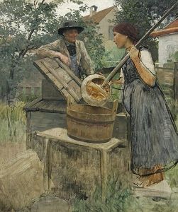 Das Gesprach. Bauernmagd Beim Reinigen Von Gefasen Vor Einem Gehoft, Daneben Ein Junger Bauer (study) by Wilhelm Volz