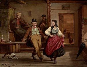 Tanzendes Paar Und Musikanten In Einer Stube