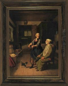 Der Verschlafene Gatte Im Morgenrock Sitzt In Der Kuche, Wahrend Seine Frau Das Rasiermesser Wetzt. Die Hauskatze Beobachtet Das Szenario by Hermann Volz