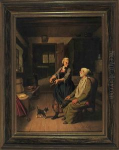 Der Verschlafene Gatte Im Morgenrock Sitzt In Der Kuche, Wahrend Seine Frau Das Rasiermesser Wetzt - Die Hauskatze Beobachtet Das Szenario by Hermann Volz