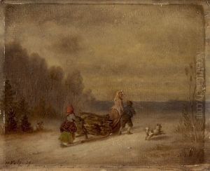 Bauernfamilie Mit Hundchen Auf Einem Schlitten Holz Heimfuhrend by Hermann Volz