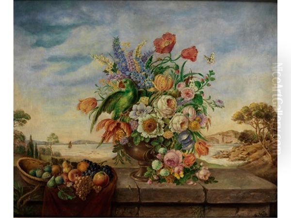 Blumenstillleben Mit Fruchten Und Papagei Vor Landschaft - view 1