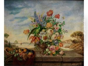 Blumenstillleben Mit Fruchten Und Papagei Vor Landschaft