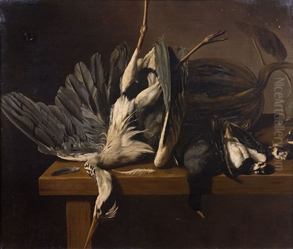 Nature Morte Au Heron Cendre, Grebe, Poule D'eau Et Geai Des Chenes Sur Un Entablement - view 1