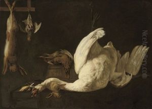 A Still Life Of A Swan Suspended From A Hook, A Hare, A Grey Partridge, A Pheasant On A Barrel And A Rabbit And Song Birds On A Stone Ledge by Elias Vonck