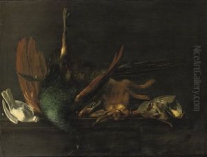A Peacock, A Hare, A Partridge, Two Finches And A Dove On A Table