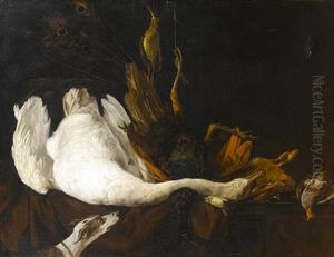 Hanging Game And Birds: A Swan, A Pheasant, A Canary, A Rabbit, With A Hound Looking On by Elias Vonck