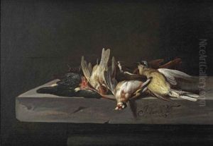 A Gold Finch, A Common Kingfisher And A Hooded Siskin, All On A Stone Ledge by Jacobus Vonck